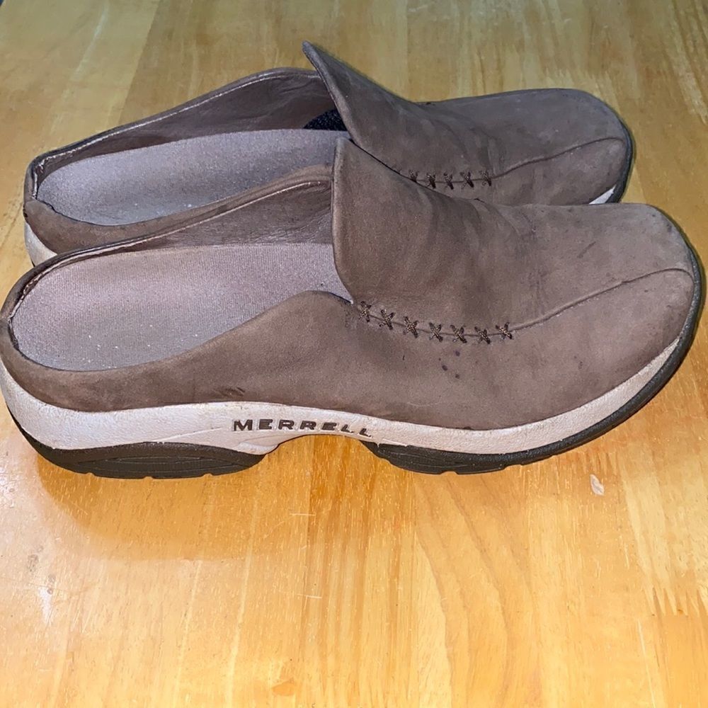 Merrell dark taupe leather slip on slides size 10